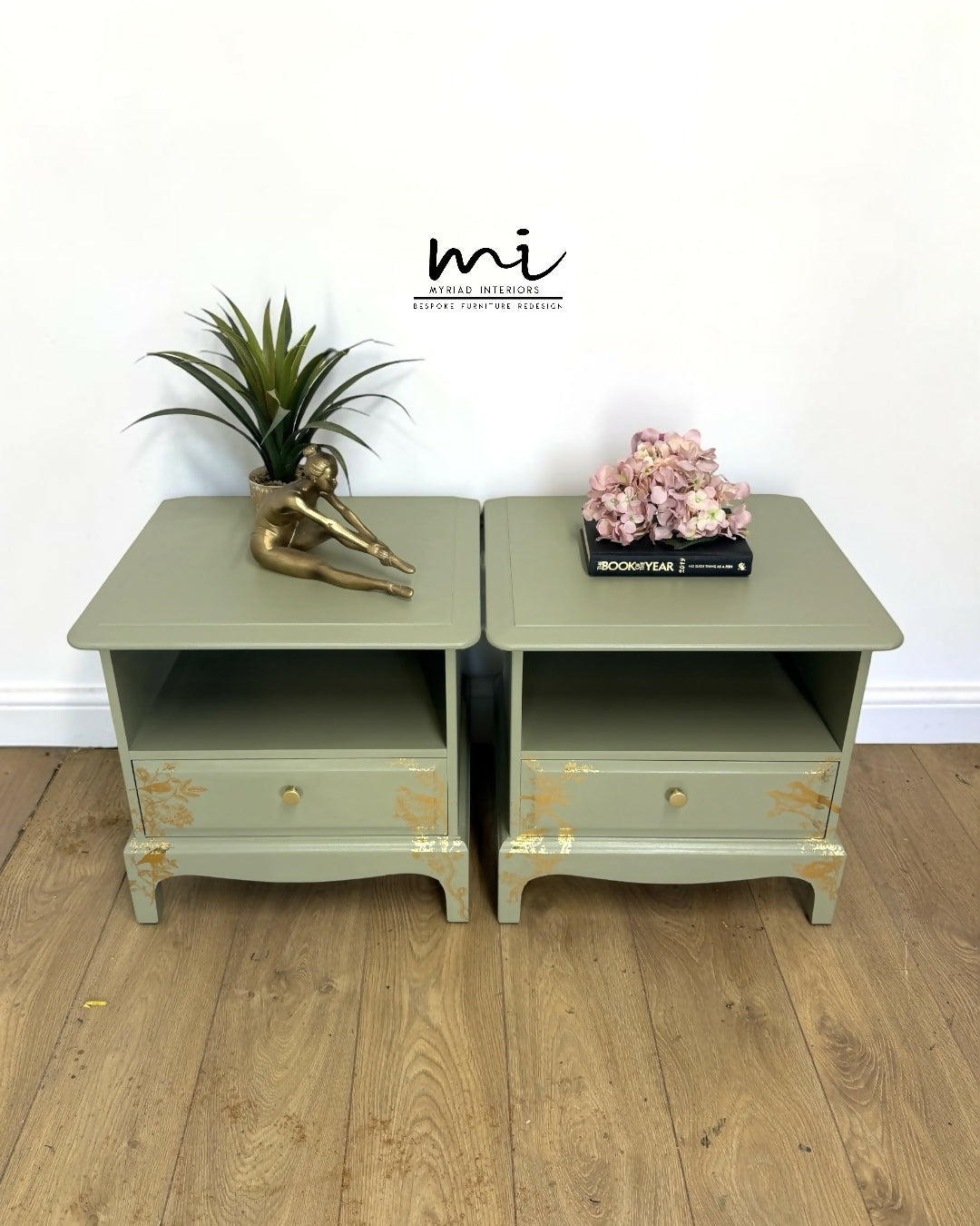 Stag Minstrel Bedside Tables In Pale Sage Green With Gold Foil Bird And Floral Design
