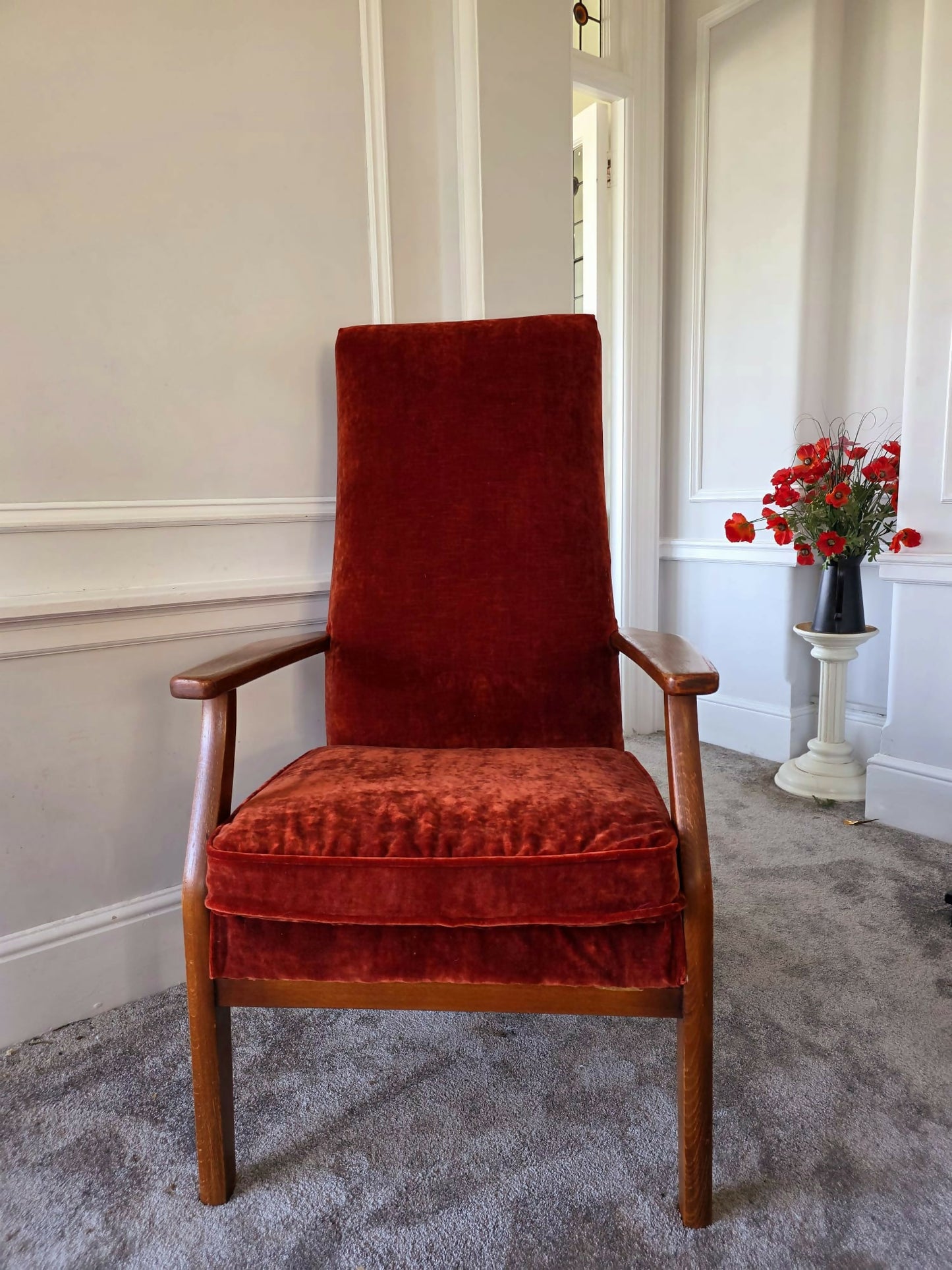 Parker Knoll PK928-9 High Back Armchair Reupholstered in 'Linwood' Velvet. In Great Condition