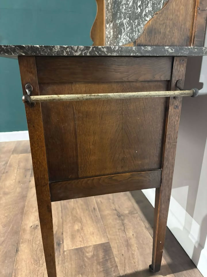 Antique Framed Oak Washstand with Marble Top & Back1