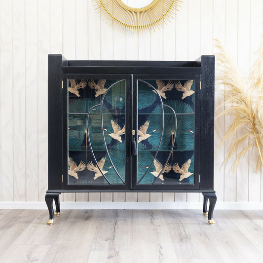 Exquisite Art Deco drinks cabinet decoupaged in a striking blend of emerald, subtle gold and black crane fabric. Sold, commission available.