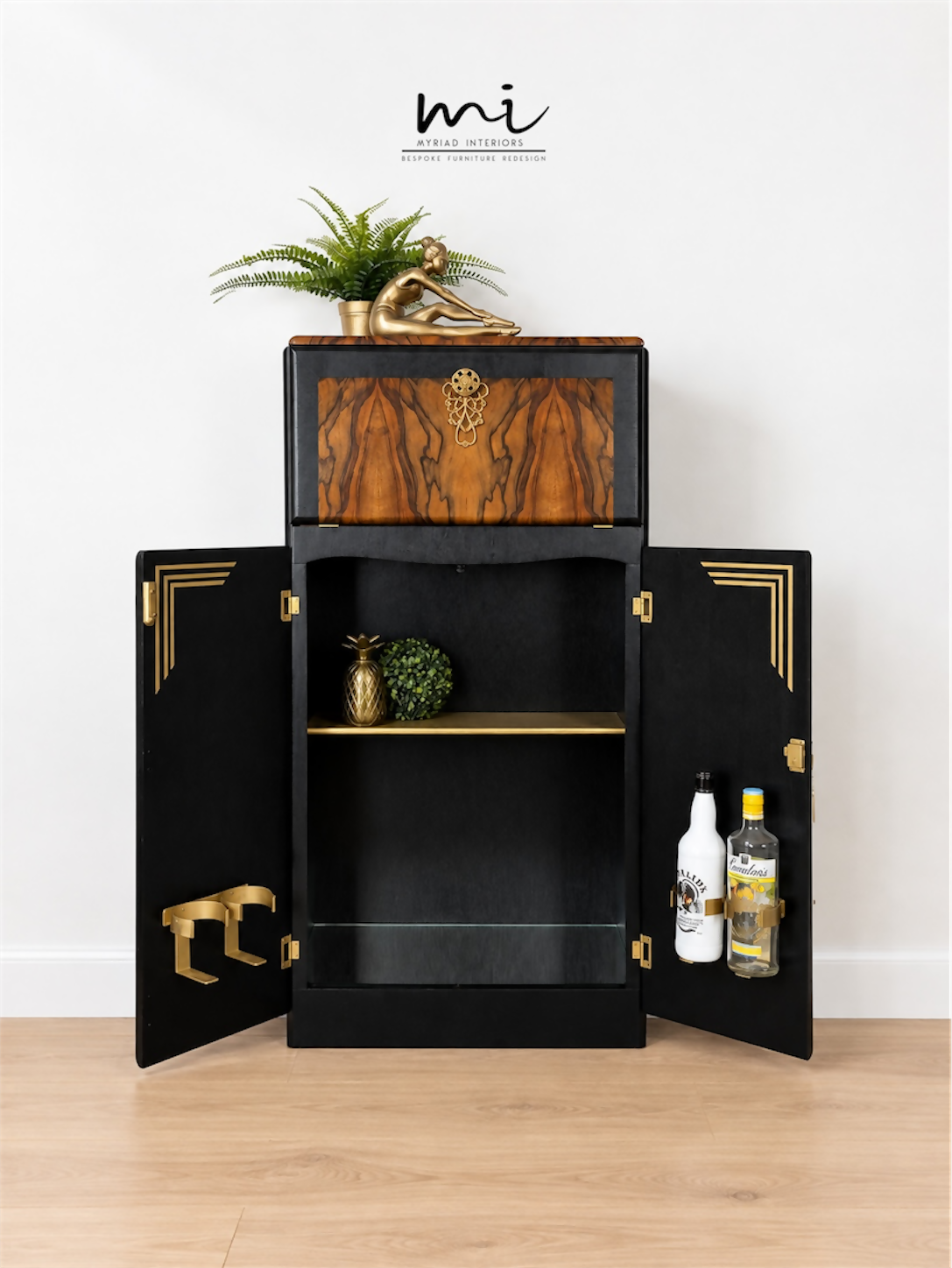 Refinished Art Deco Burl Walnut Cocktail Cabinet In Black With Gold Design. 1930s drink cabinet. Gin bar. Refurbished. sideboard slim narrow