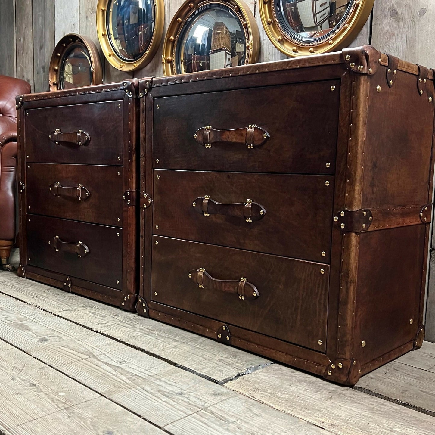 Leather luxury English bedside drawers - Handmade nightstands - Hand dyed bridle - Chestnut brown