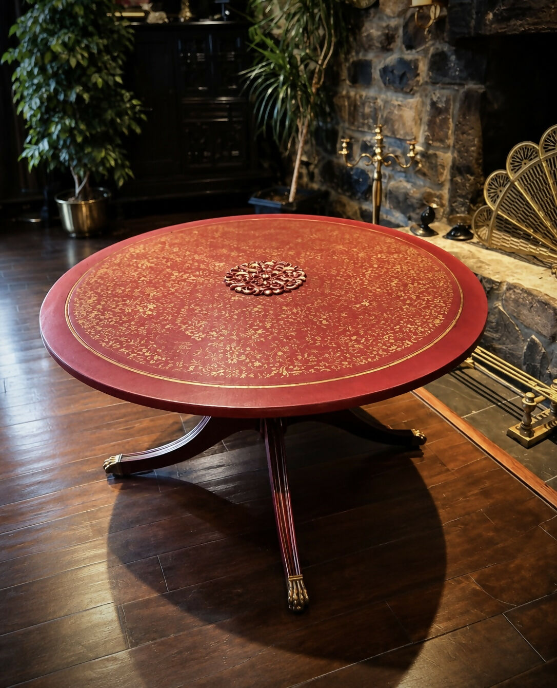 Mughal-Inspired Crimson Red & Gold Round Statement Eastern Coffee Table