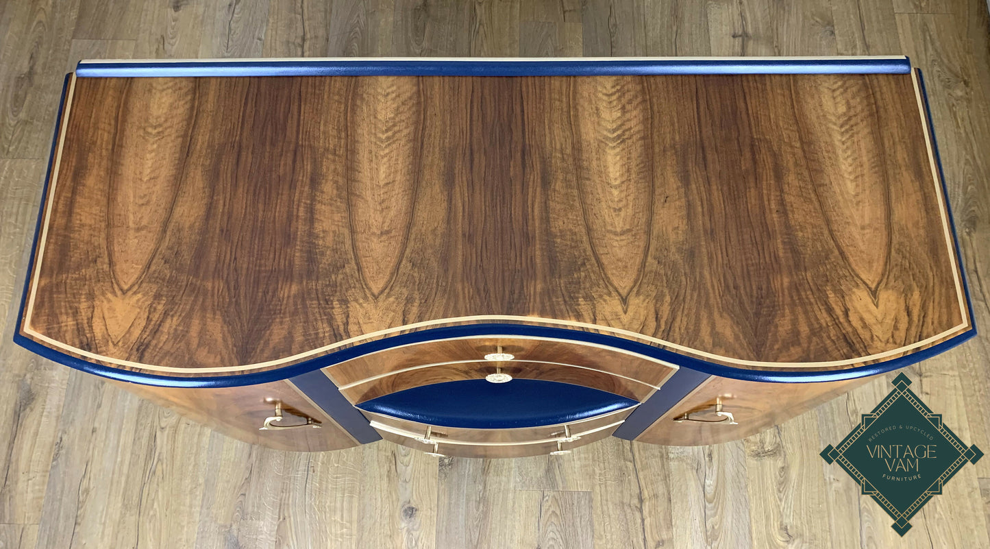 Art deco style Sideboard/Buffet. Palmer House Hotel Tiffany Peacocks. Navy Blue and Gold