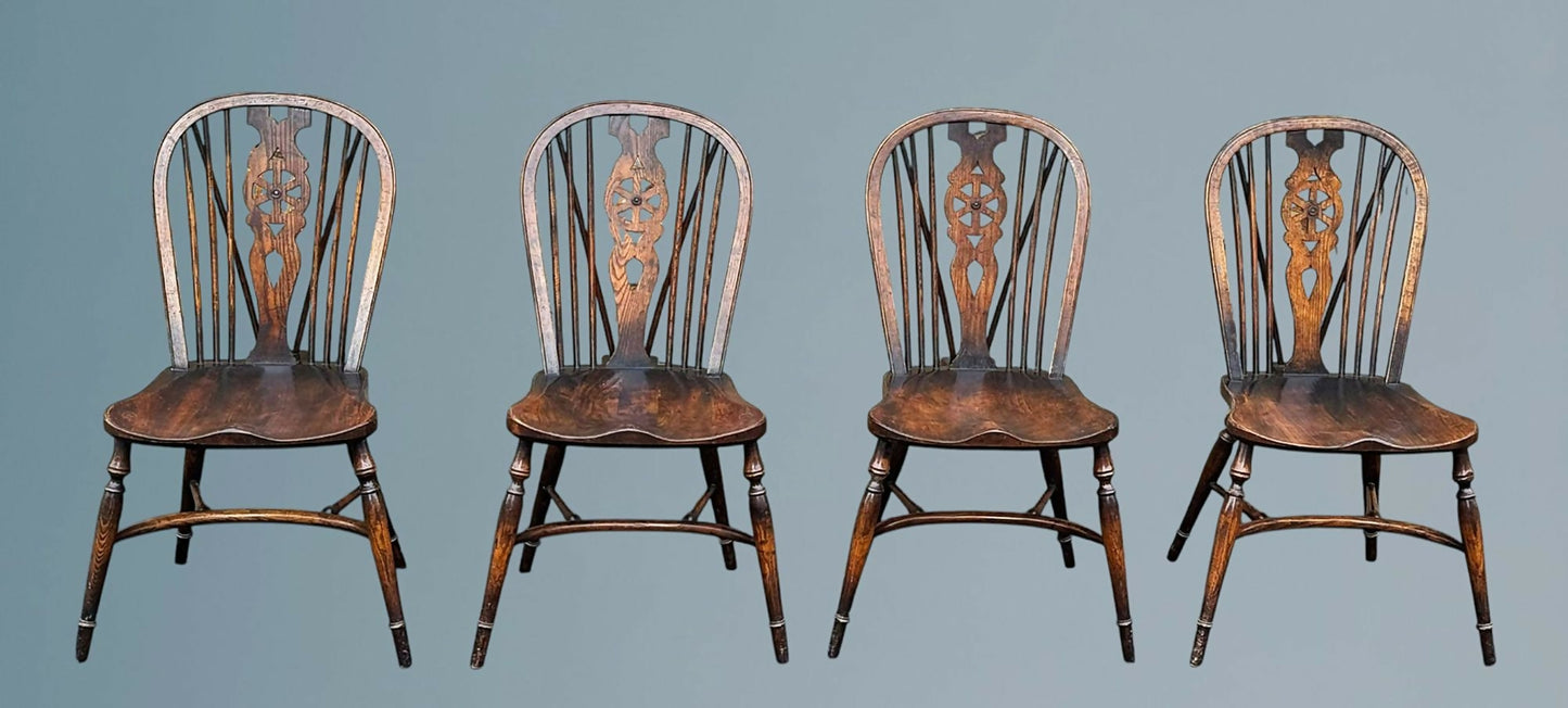 Set of Four Elm Wheel Back Windsor Chairs