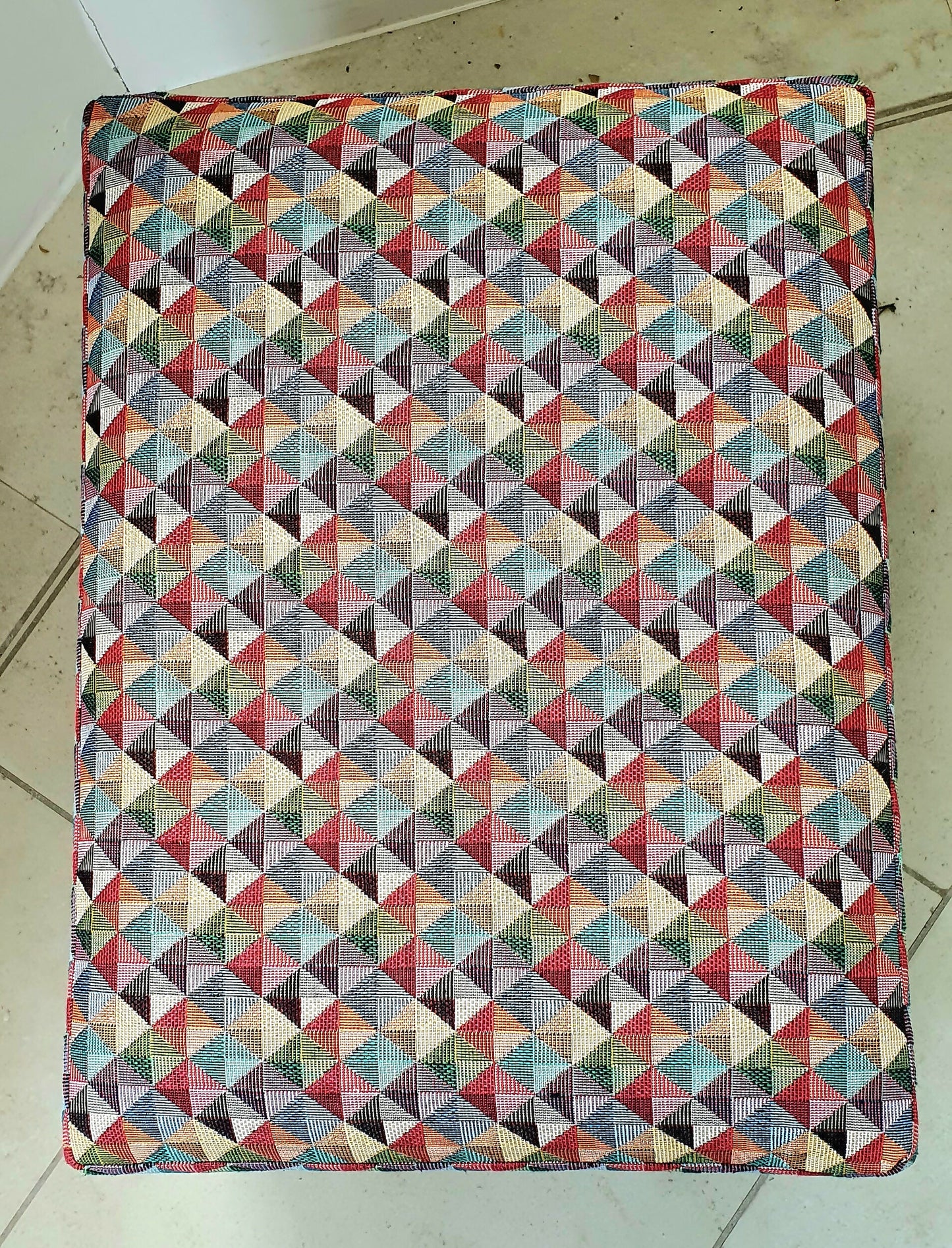 Footstool Pouffe Ottoman on castors Rescued, Restored & Reupholstered in a Modern, Geometric Fabric.