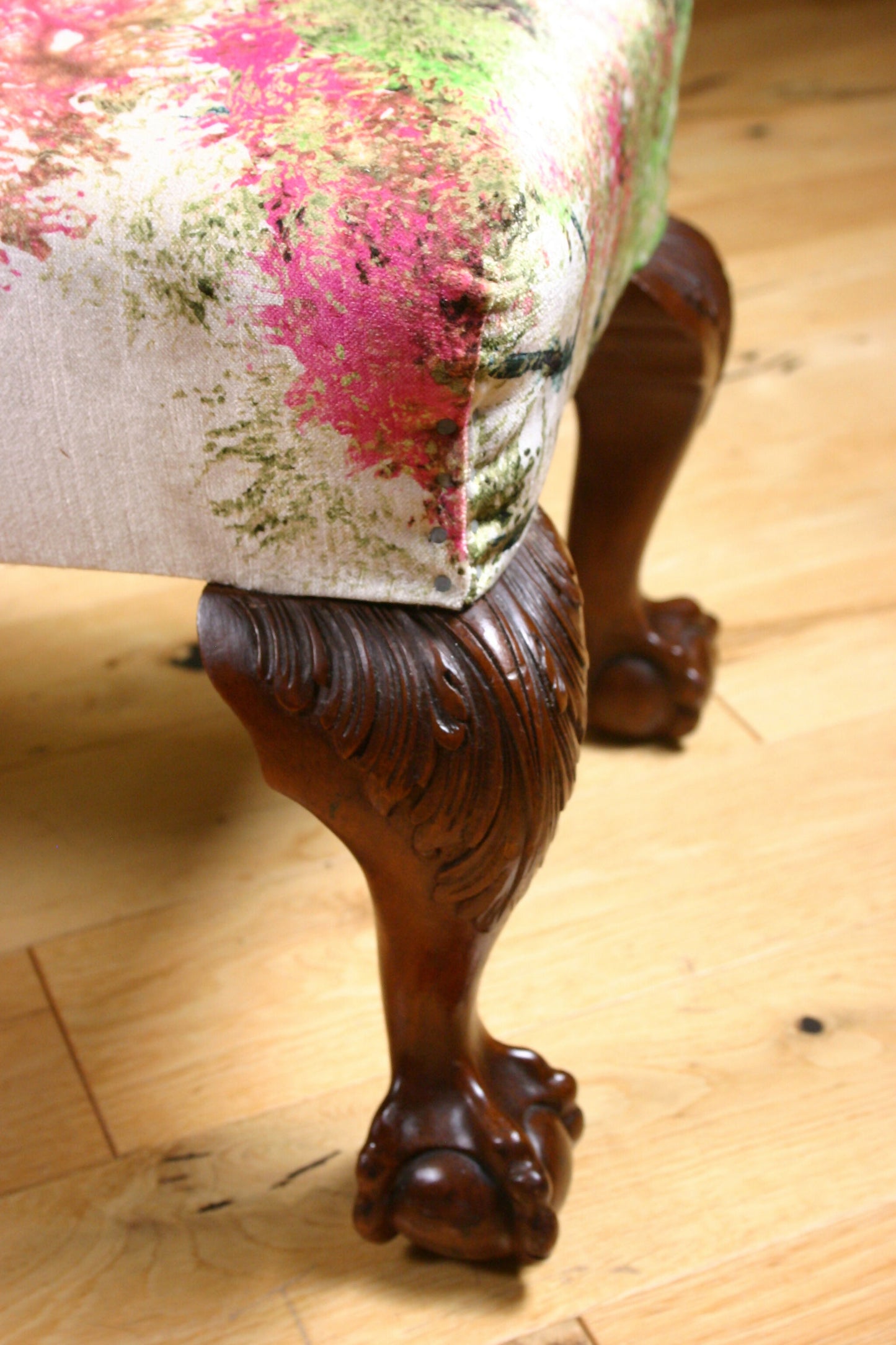 Maple & Co Oversized Antique c1900 Bench Footstool in Timorous Beasties Pinyin Tree Velvet