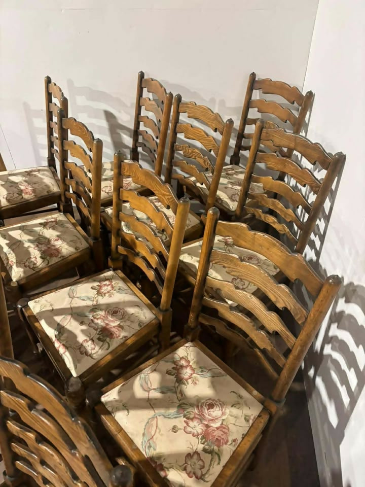 Set of Twelve Oak Yorkshire Style Ladderback Dining Chairs