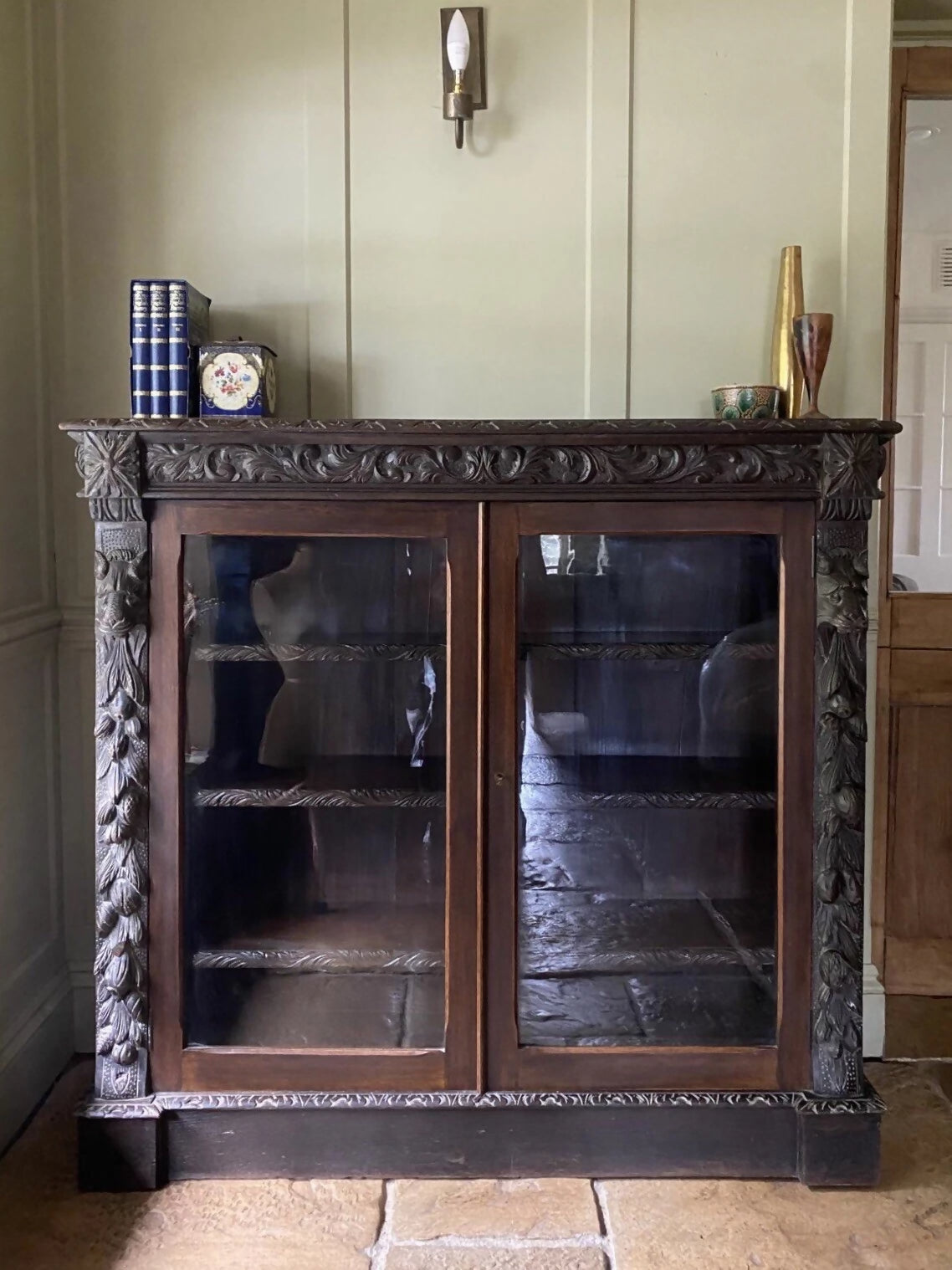 Antique Victorian Jacobean Style Oak Carved Glazed Bookcase Cabinet Cupboard