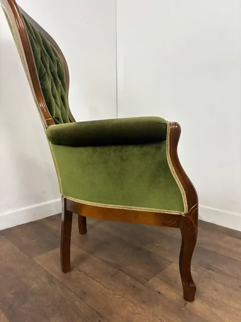 Reproduction Mahogany Green Velvet Upholstered Armchair – Furnishings Italia