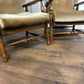 Vintage Pair Of Oak Framed Wing Back Armchairs