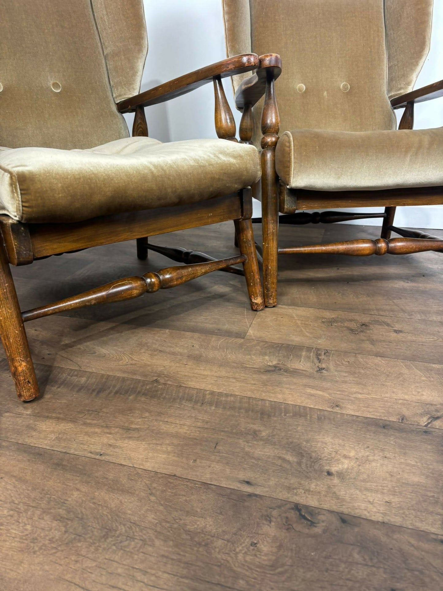 Vintage Pair Of Oak Framed Wing Back Armchairs