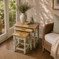 Vintage Oak Floral Nest of Three Tables | Hand Painted Upcycled Sage & Cream Nesting Tables