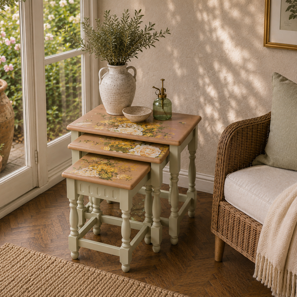 Vintage Oak Floral Nest of Three Tables | Hand Painted Upcycled Sage & Cream Nesting Tables