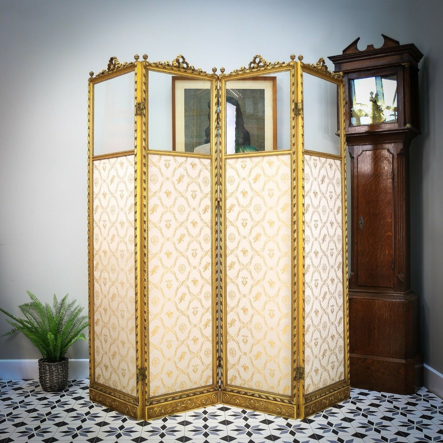 Folding Screen Room Divider Gilt Wood French Empire Style Paravent Silk and Glas