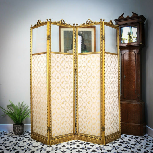 Folding Screen Room Divider Gilt Wood French Empire Style Paravent Silk and Glas
