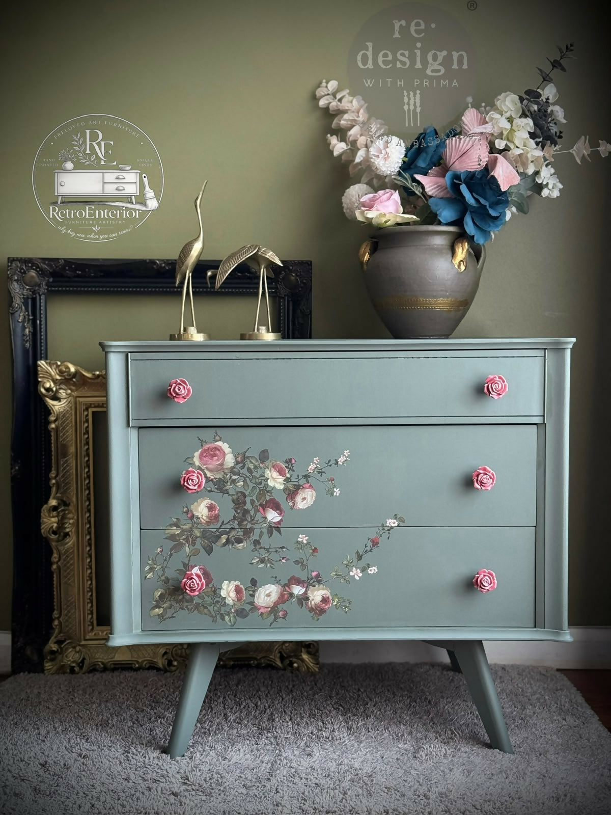 Romantic Sage Rose Floral Chest of Drawers
