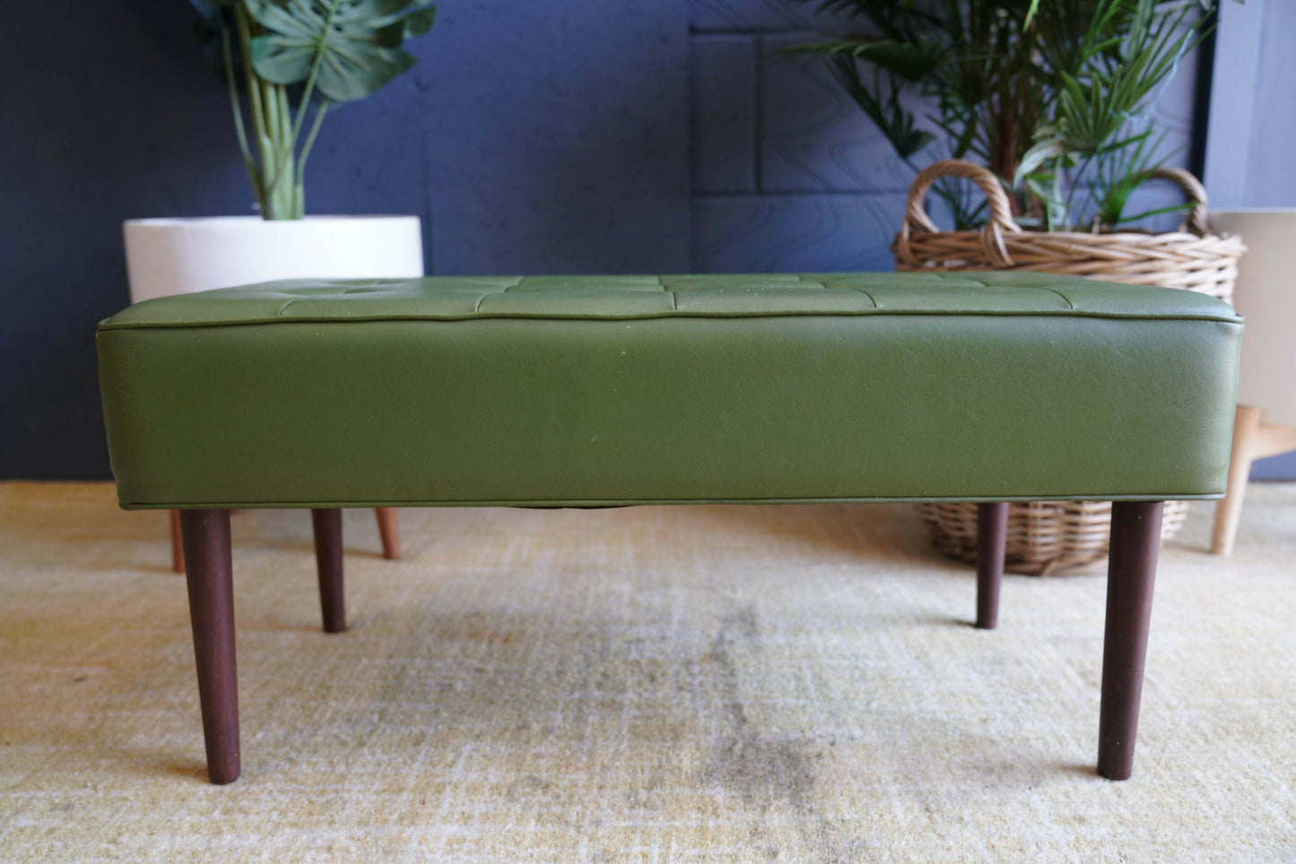 Mid Century Modern Olive Green Vinyl Bench Stool With Tapered Legs