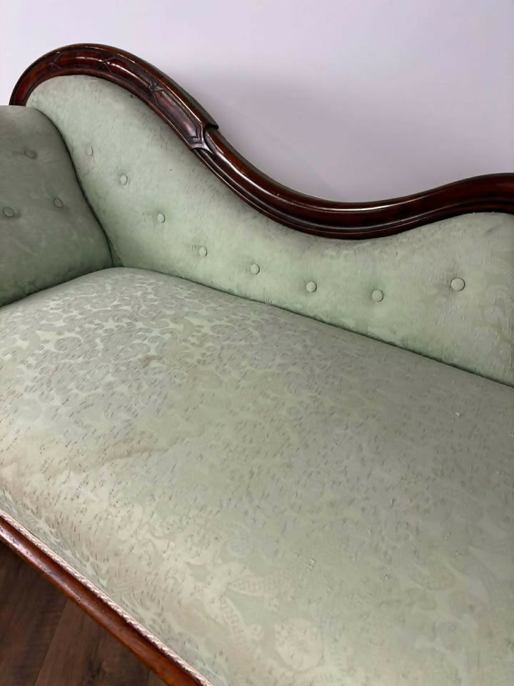 Edwardian Mahogany Framed Chaise Longue with Green Upholstery