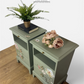 Rare Refinished Vintage Stag Minstrel Tea Tray Bedside Tables In Pale Sage Green With Floral Design, slim, nights stands, mid century