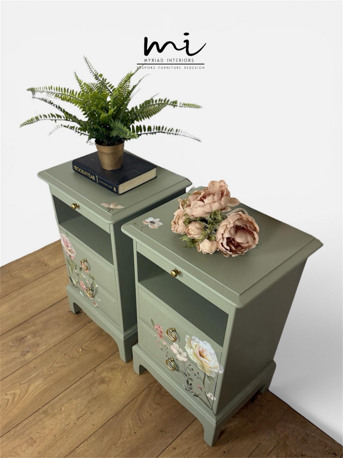 Rare Refinished Vintage Stag Minstrel Tea Tray Bedside Tables In Pale Sage Green With Floral Design, slim, nights stands, mid century