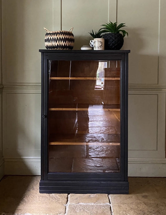 Vintage Black Painted Glazed Display China Cabinet Bathroom Cabinet