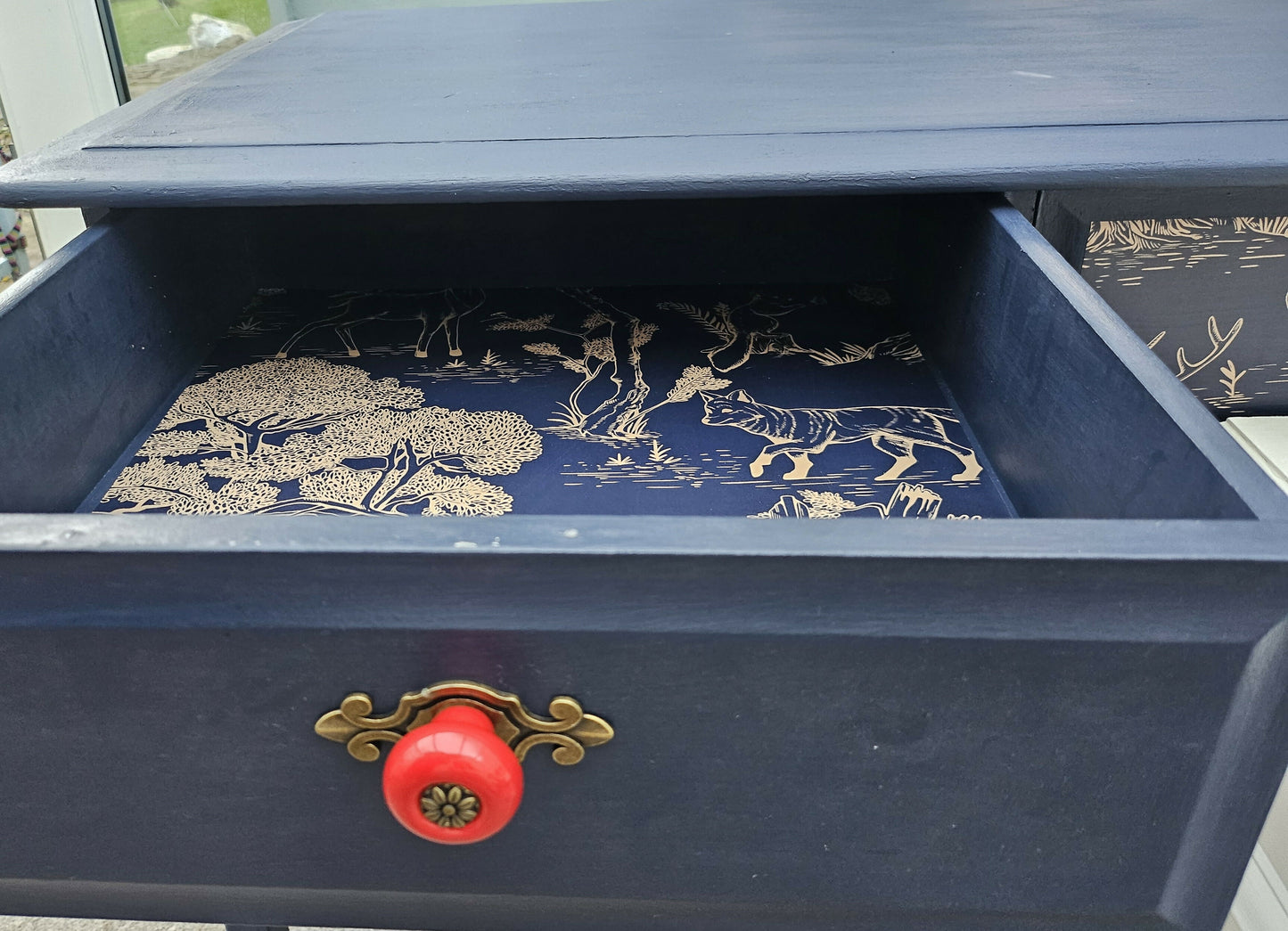 Luxe Navy Blue Hand Painted Stag Minstrel Classic Vintage Dressing Table Desk