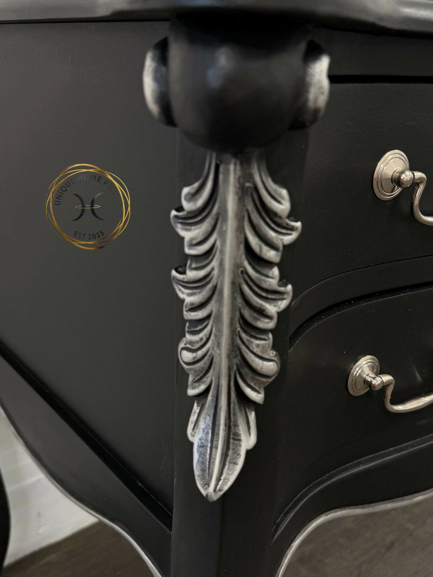 Contemporary Black and Silver French Rococo Dressing Table With Mirror
