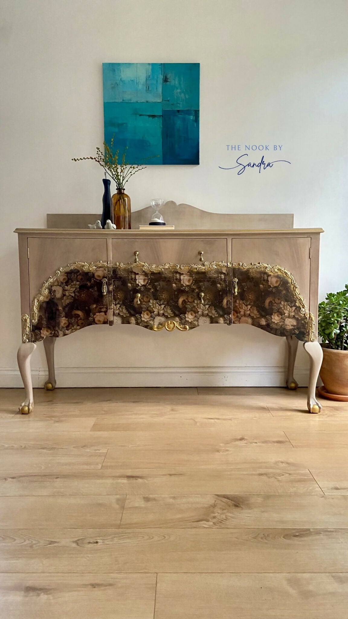 Elegant Upcycled Sideboard •Chateau Wash •Gold moulds •Floral Foil
