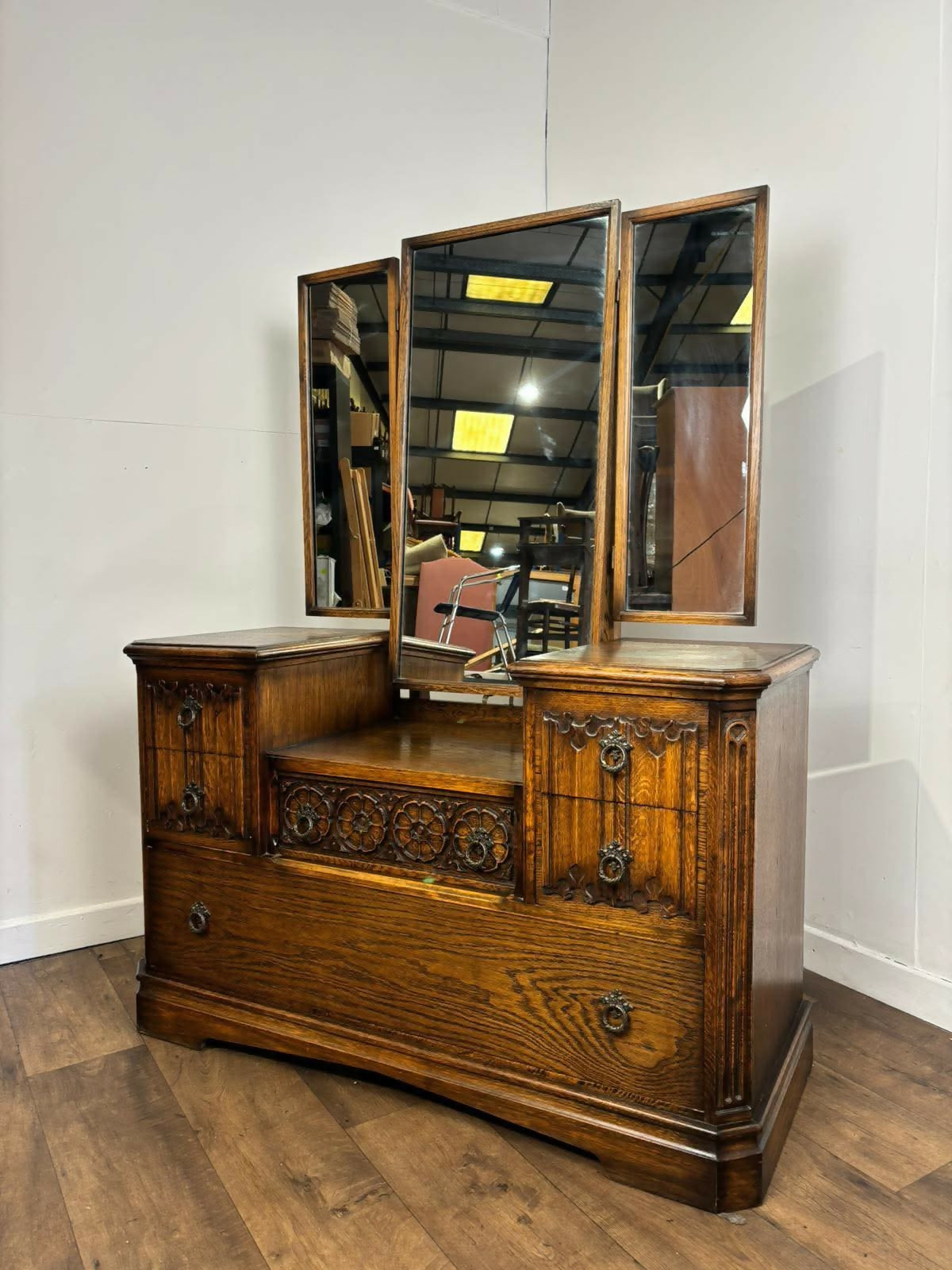 Vintage Oak Dressing Table With Triptych Mirror