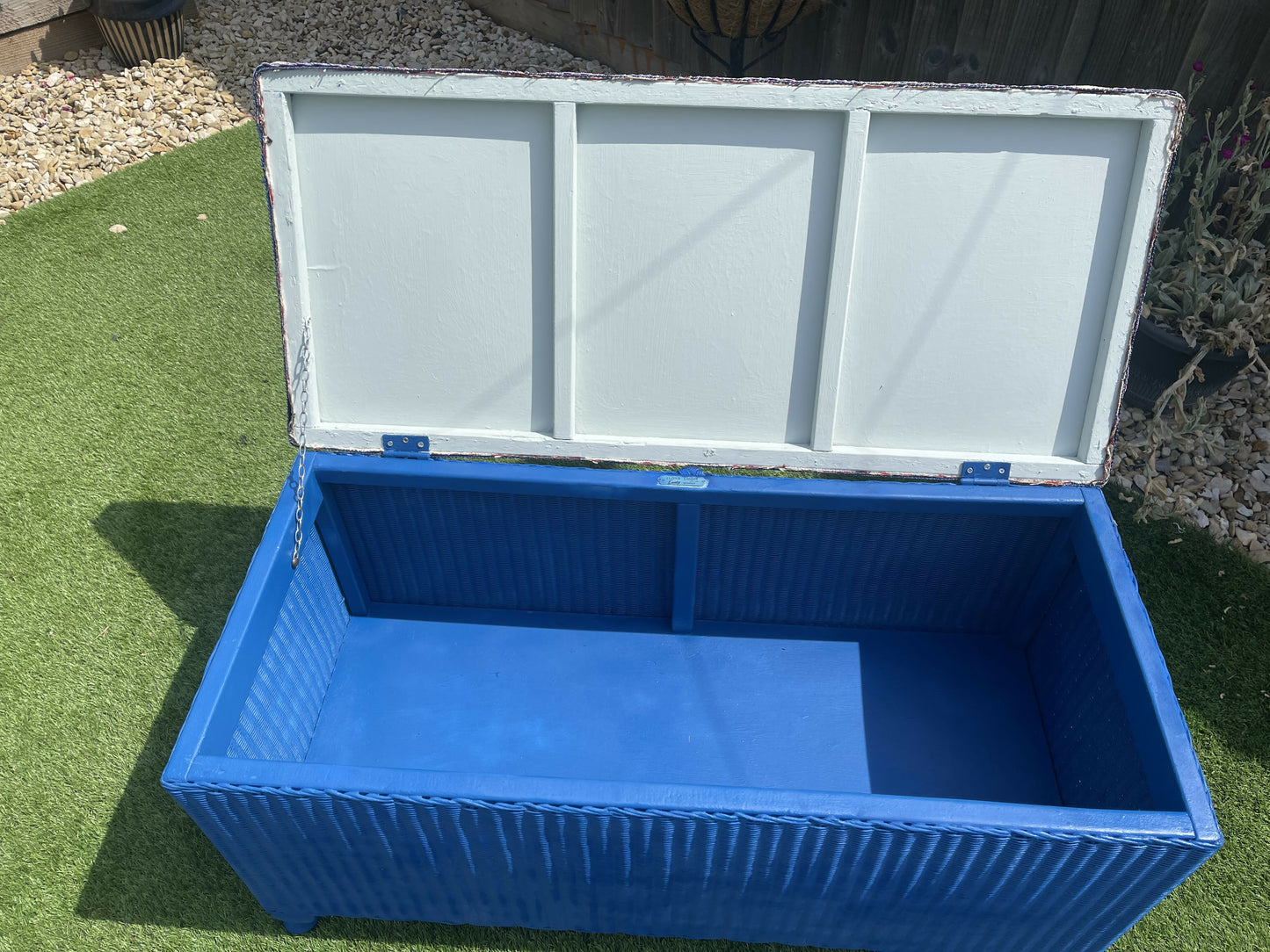 Lloyd loom 1950s storage box/ ottoman blue with William Morris style velvety feel too. Completely newly restored