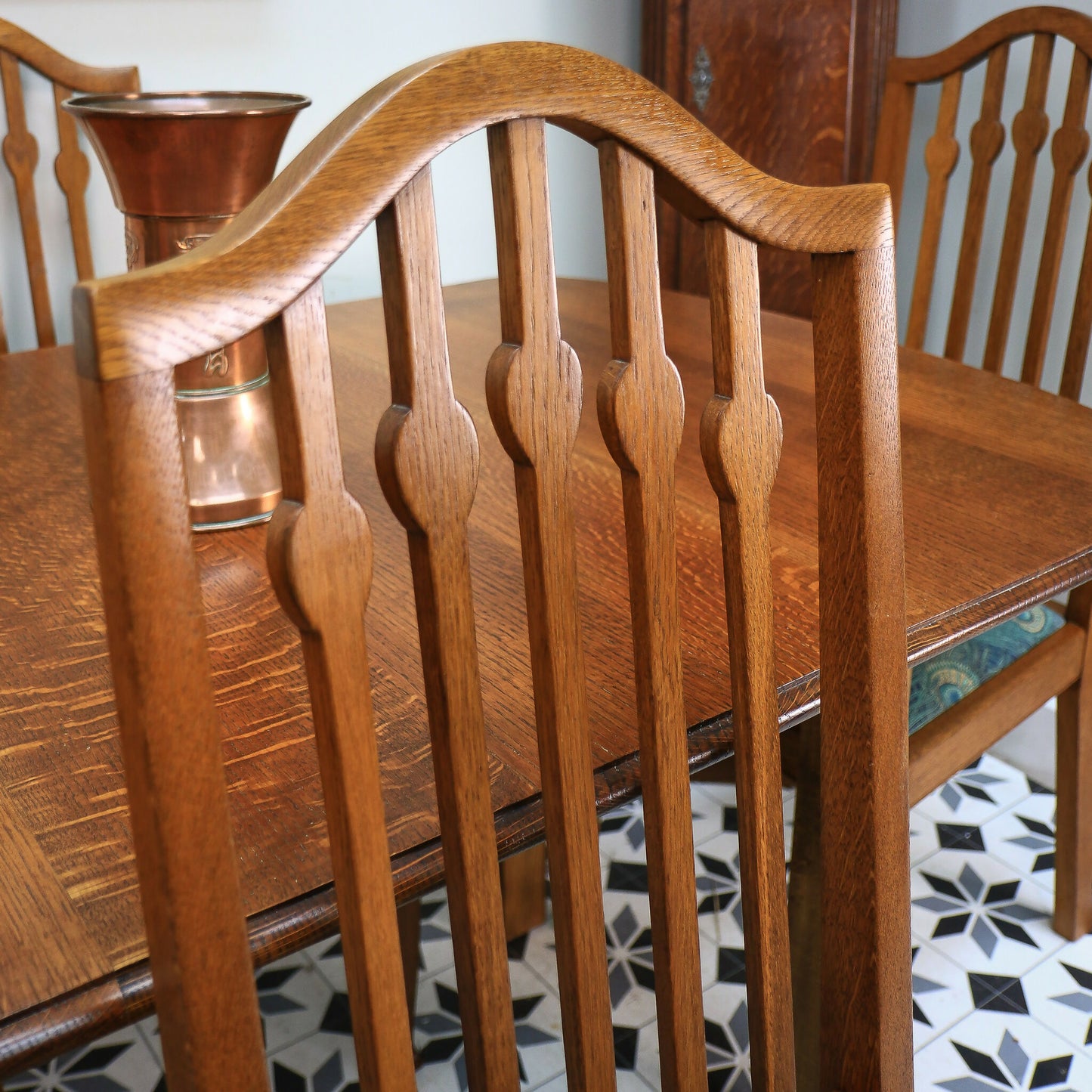 Arts and Crafts Dining Table and Liberty Chairs in Solid Oak with Liberty Fabric