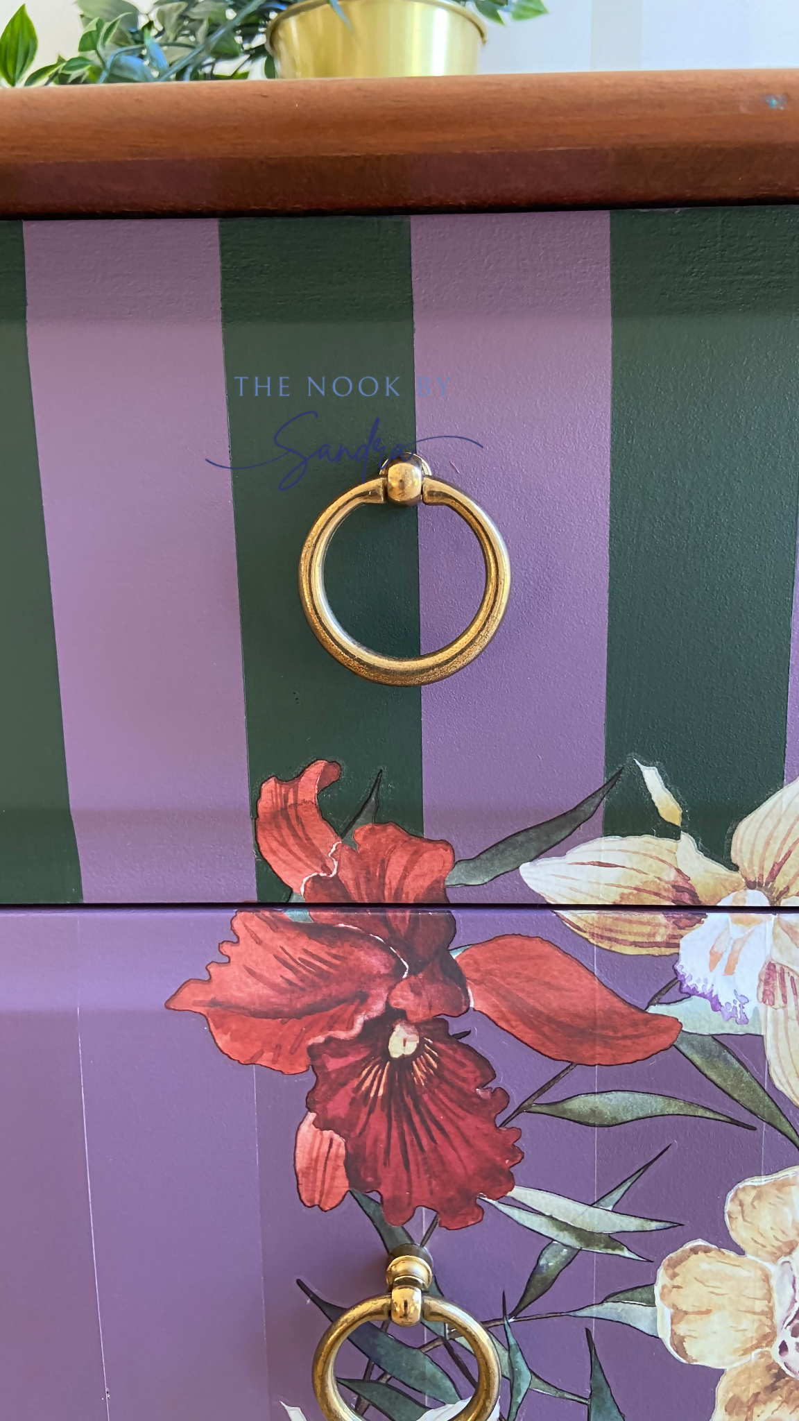 Upcycled Stag Chest in Purple and Manor Green Drawer, Floral transfer, Hand-Painted Furniture