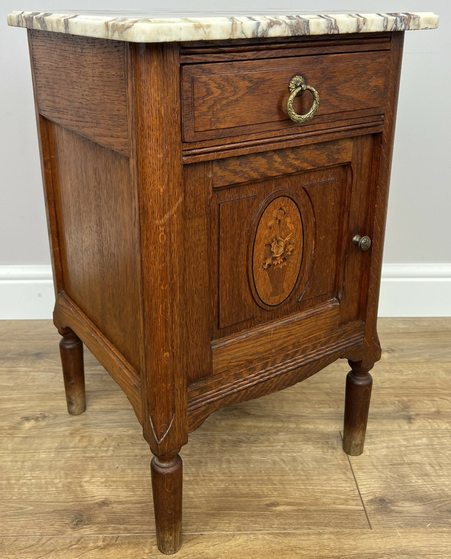 Bedside Table Antique French Marble Top Oak Cabinet Carved Cupboard LOT 6353