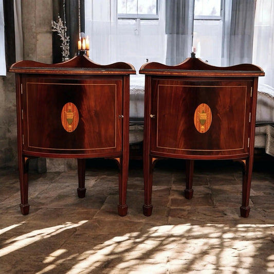Pair Of Vintage Sheraton Revival Inlaid Mahogany Corner Cabinets.