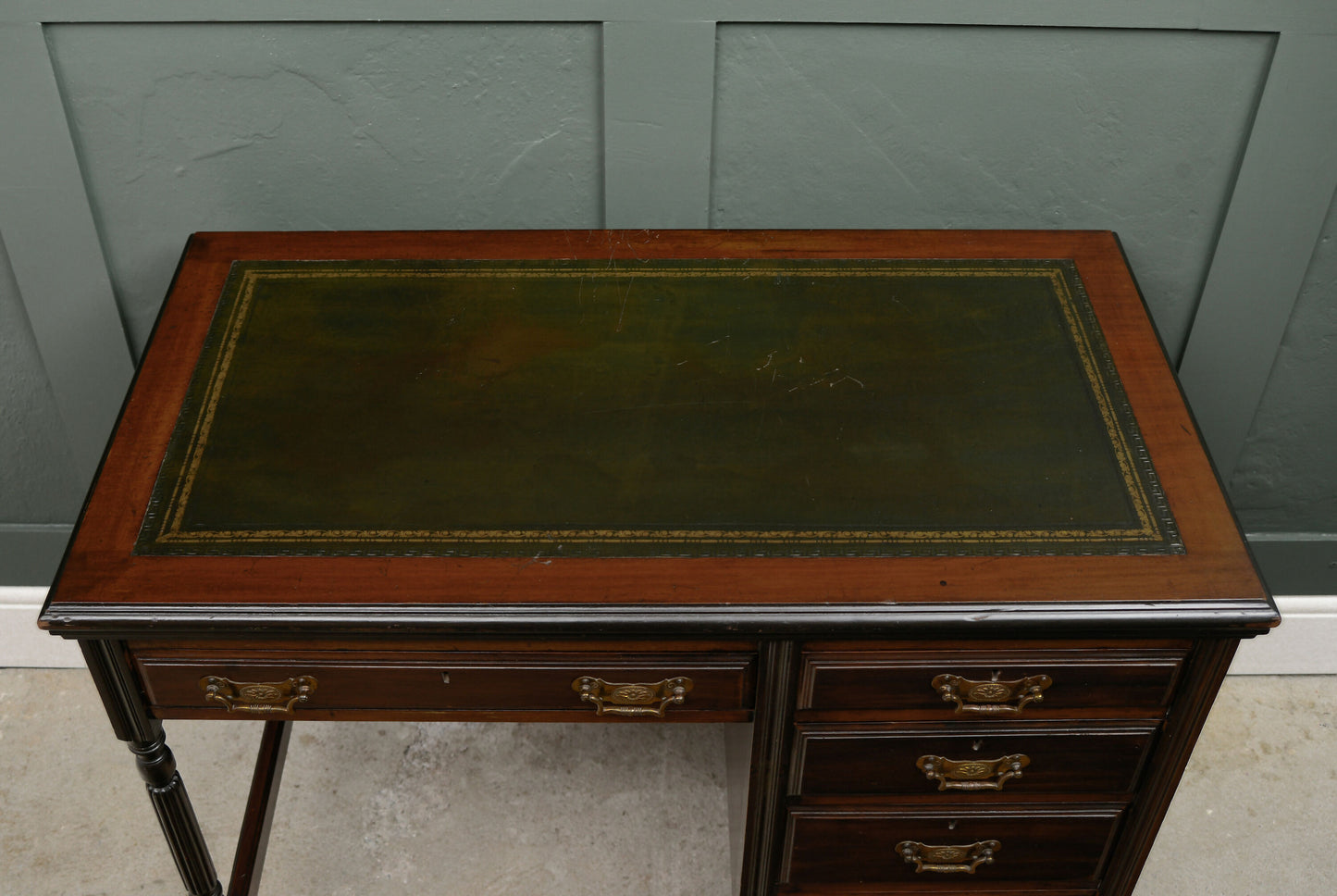 Victorian Mahogany Writing Desk - Kneehole Desk with Green Leather