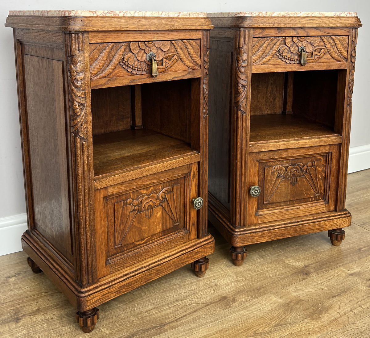 Pair of Bedside Tables Antique French Oak Carved Marble Top Cabinets LOT 6603