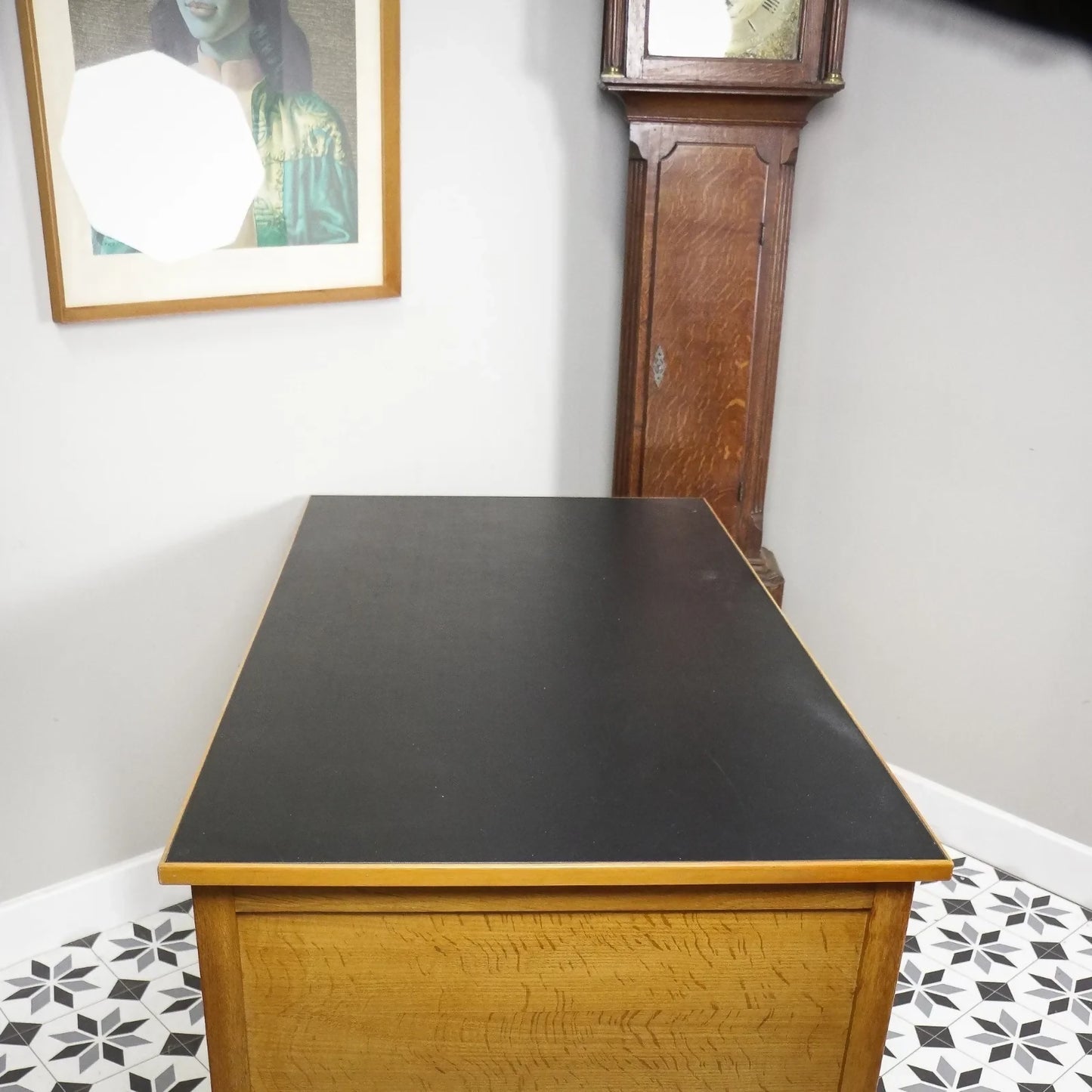 Vintage Oak Faced Mid Century Twin Pedestal Desk with Black Leatherette Top