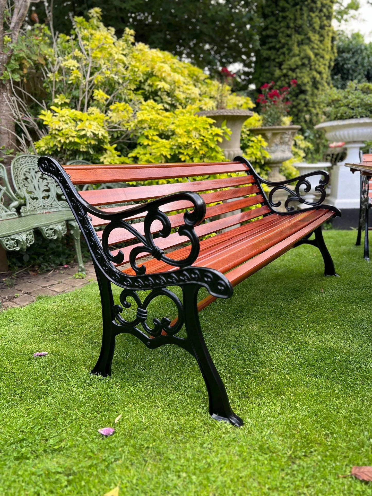 Black Vintage Cast Iron Patio Set adorned with Sapele Wood 3 seater Benches included