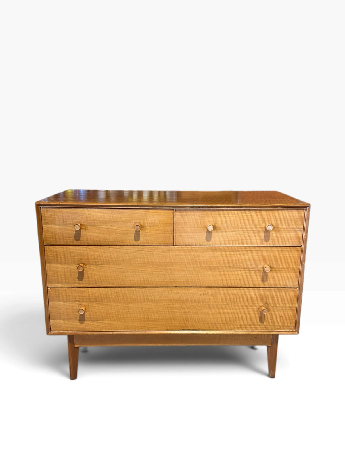 Mid-Century Quartersawn Sycamore Chest of Drawers by Maple & Co