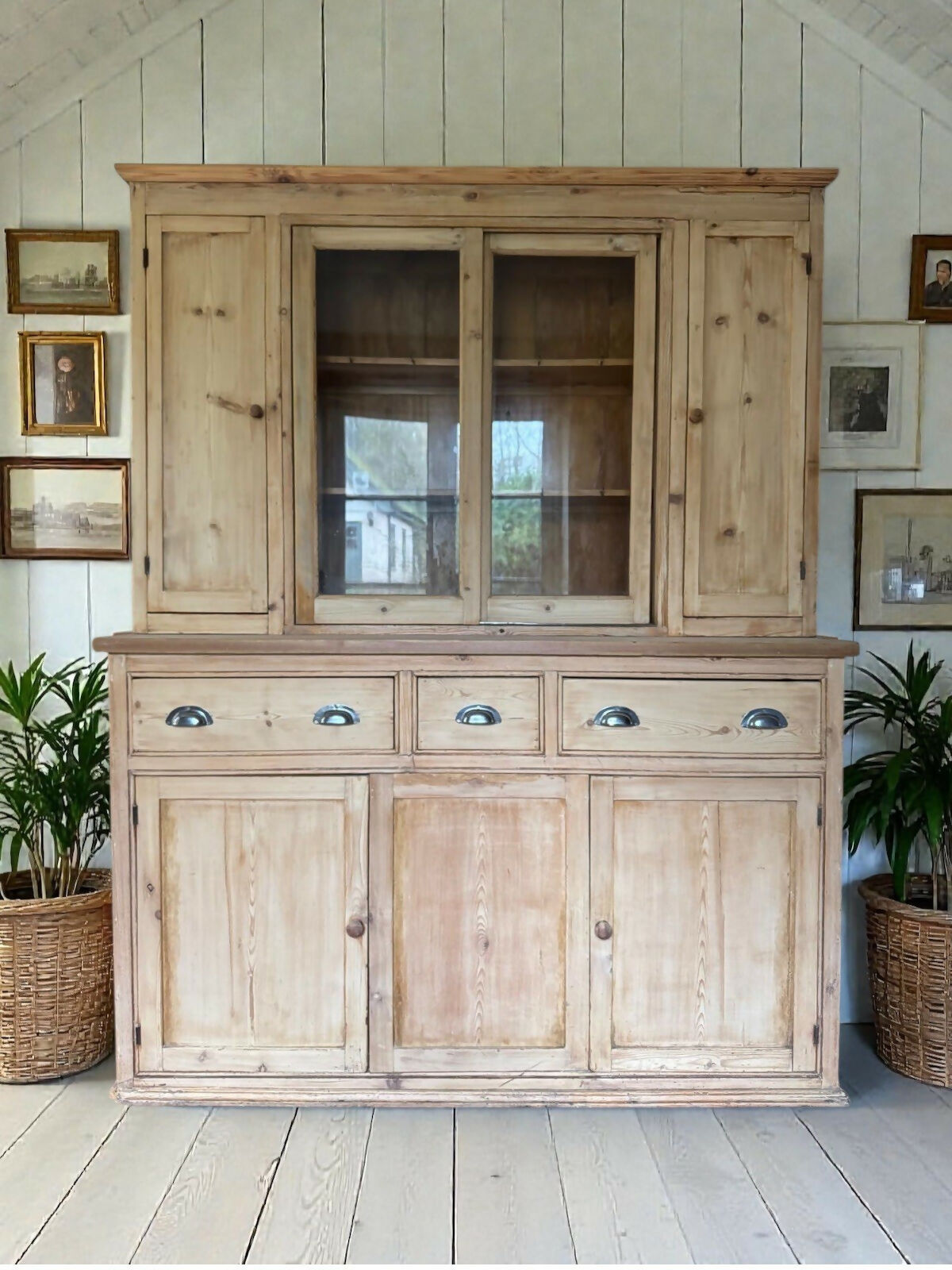 Rustic Antique Victorian Stripped Pitch Pine Cupboard Glazed Dresser Server