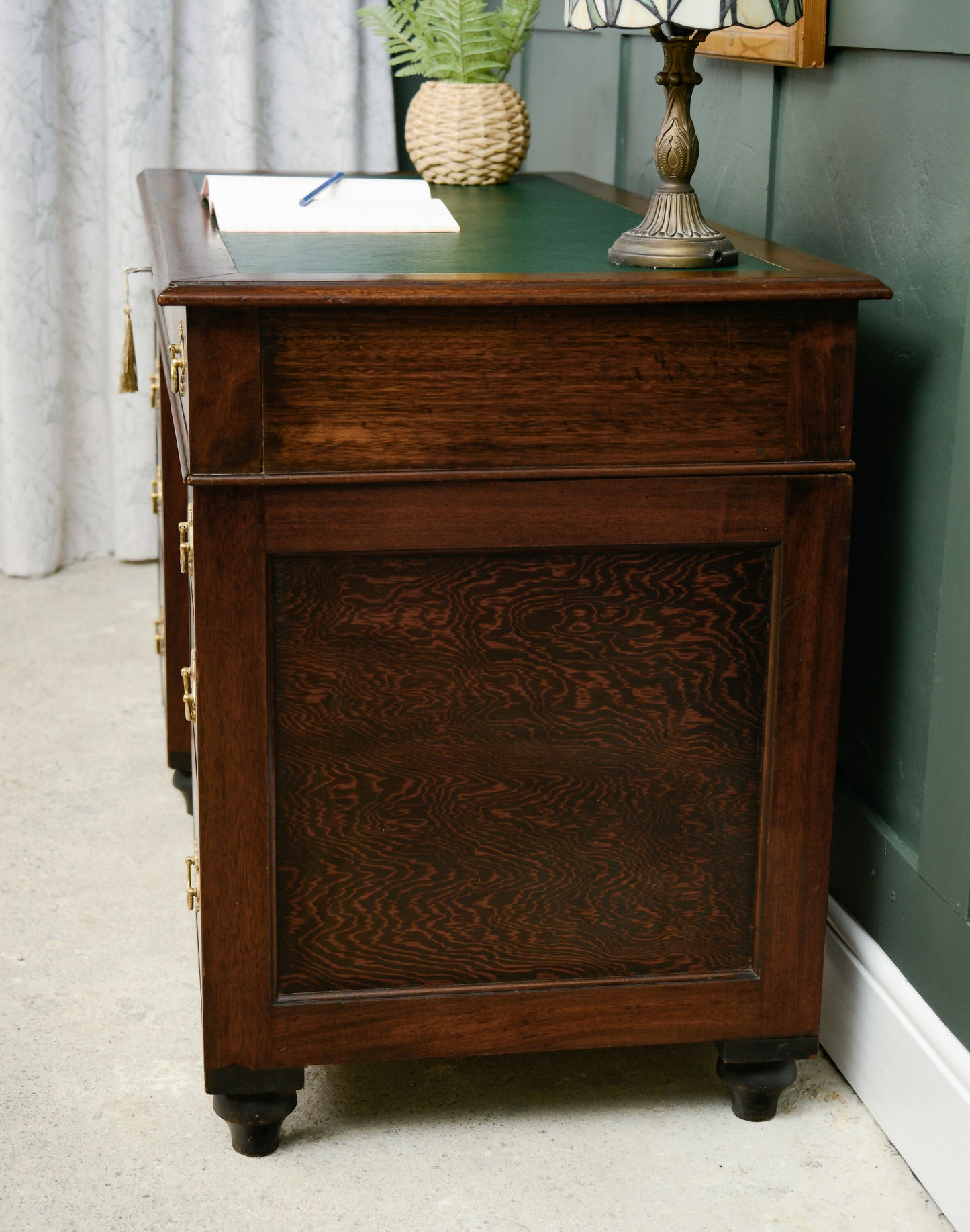 Victorian Oak Pedestal Desk with Full Width Drawer & Green Top