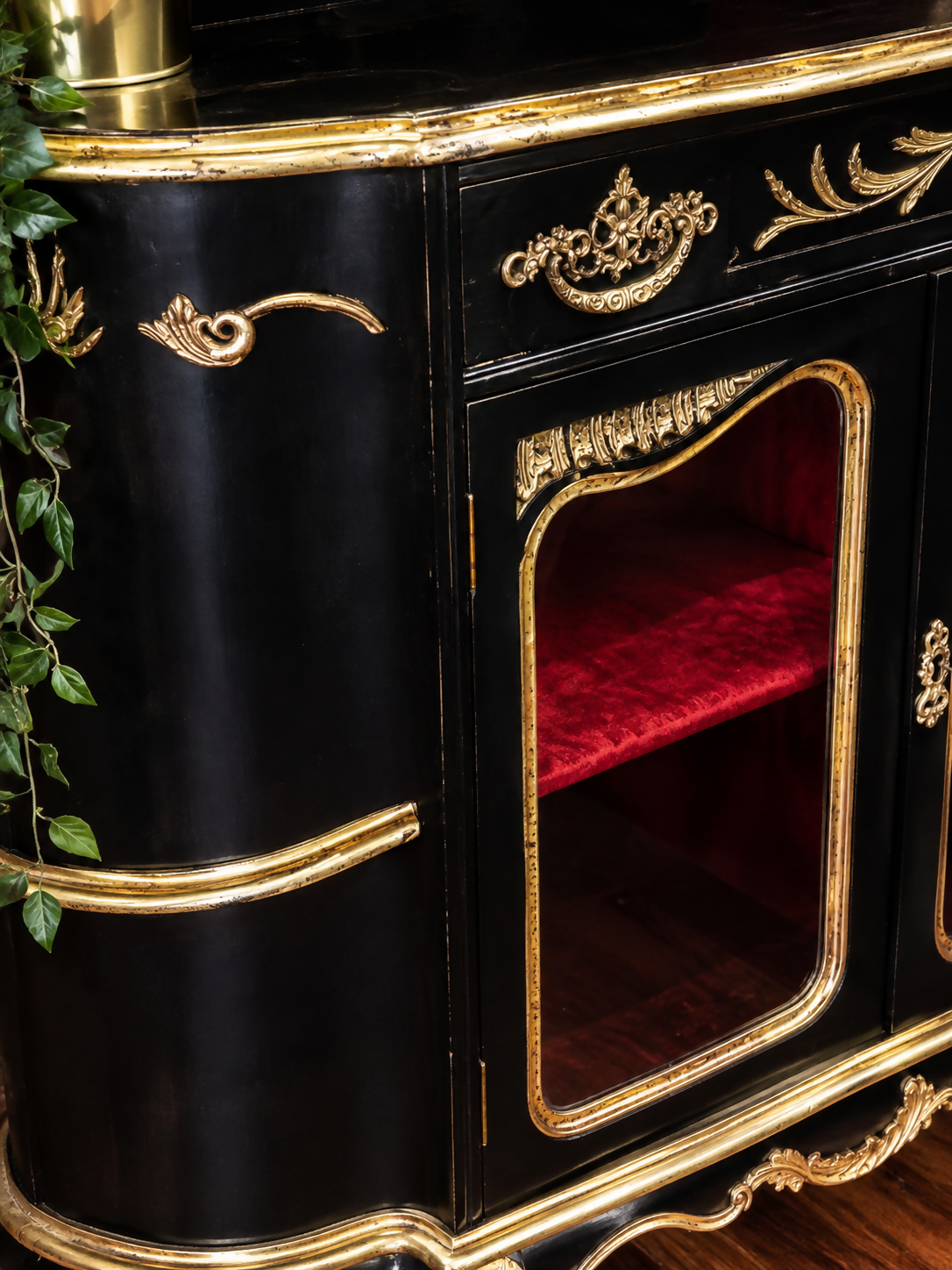 French Style Black & Gold Sideboard / Drinks Cabinet - Red Velvet Interior