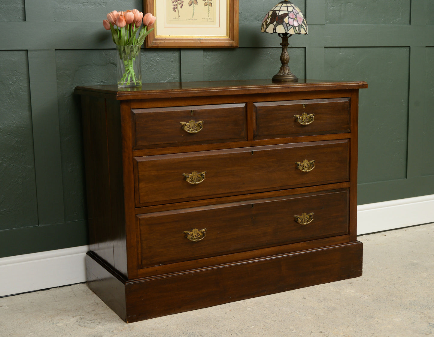 Edwardian Stained Pine Chest of Drawers - 2 Over 2 - Mahogany Finish