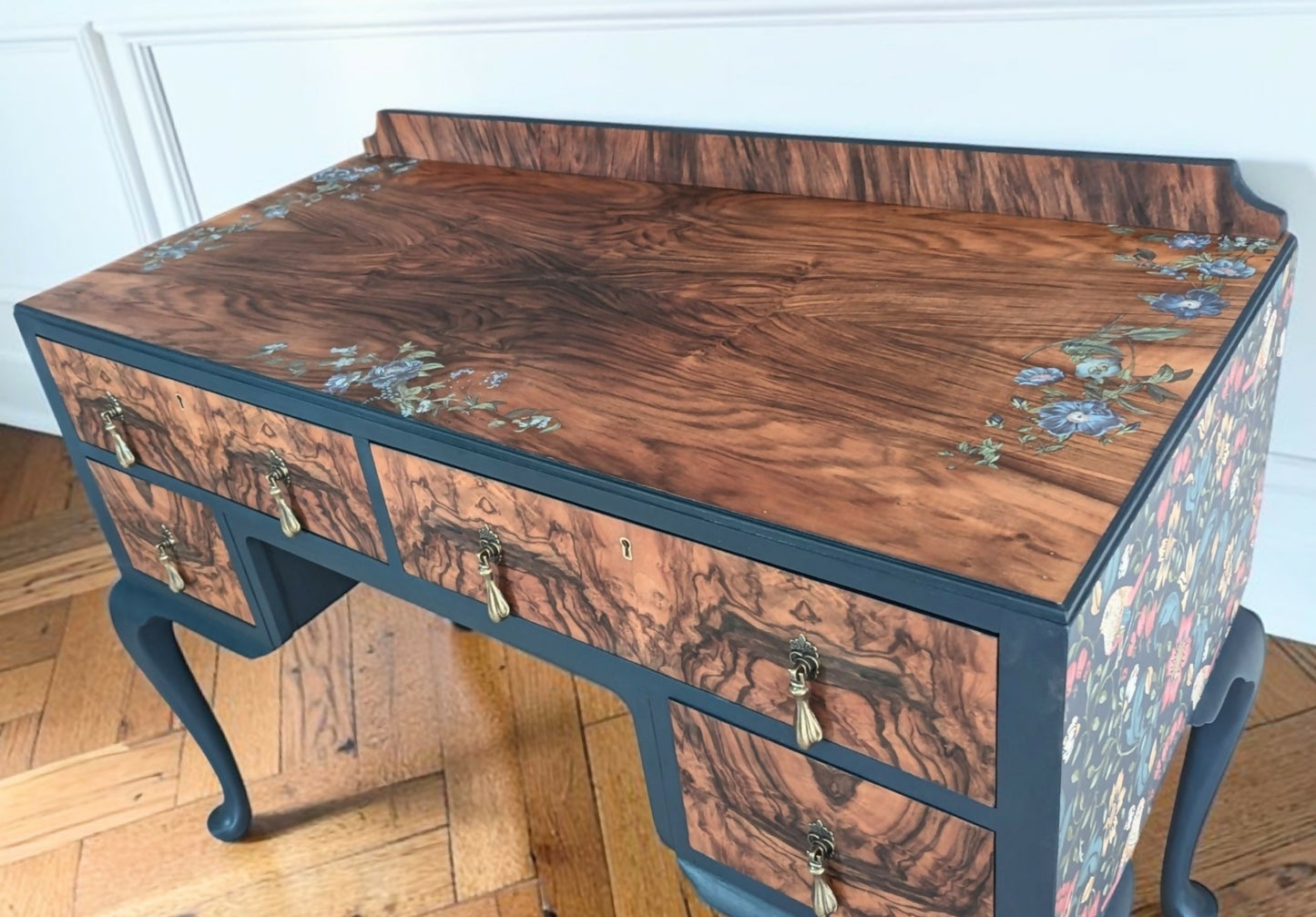 Vintage art deco navy blue walnut burr wood desk/ dressing table