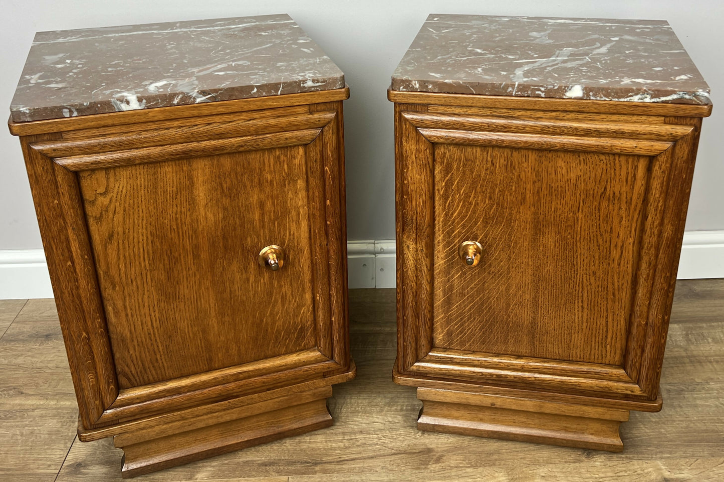 Pair of Bedside Tables Antique French Style Oak Marble Top Cabinets LOT 6218