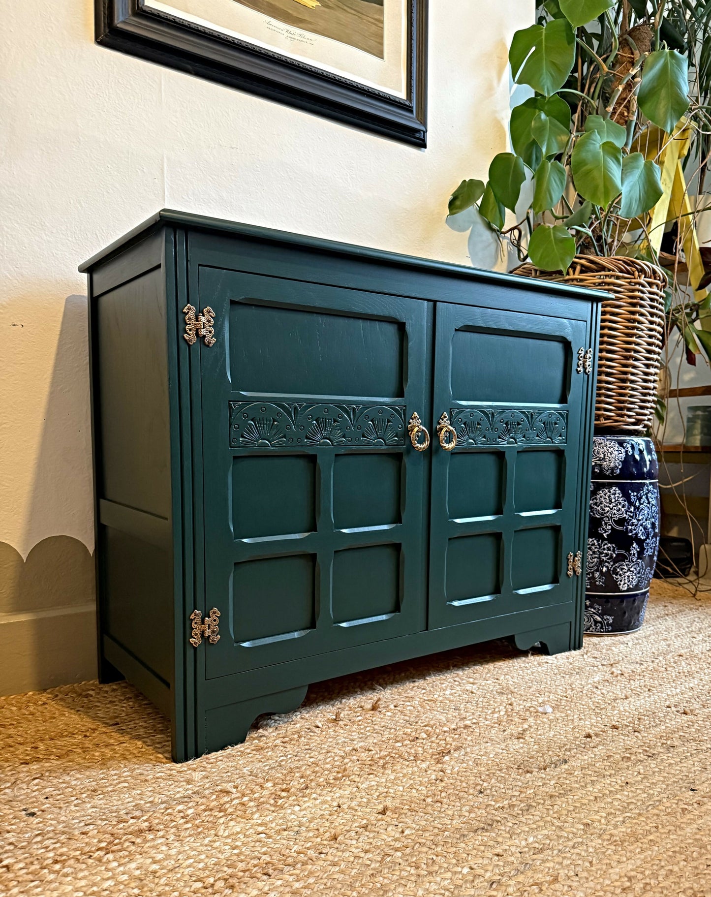 Newly refurbished small solid wood sideboard green