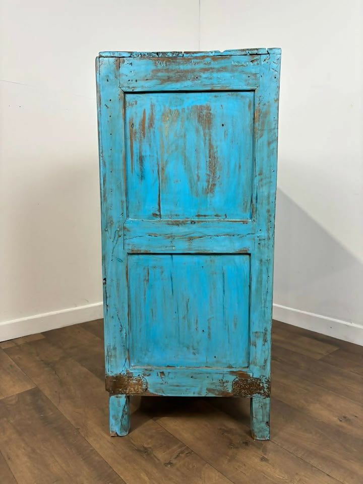Vintage Indian Reclaimed Wooden Blue Rustic Cupboard