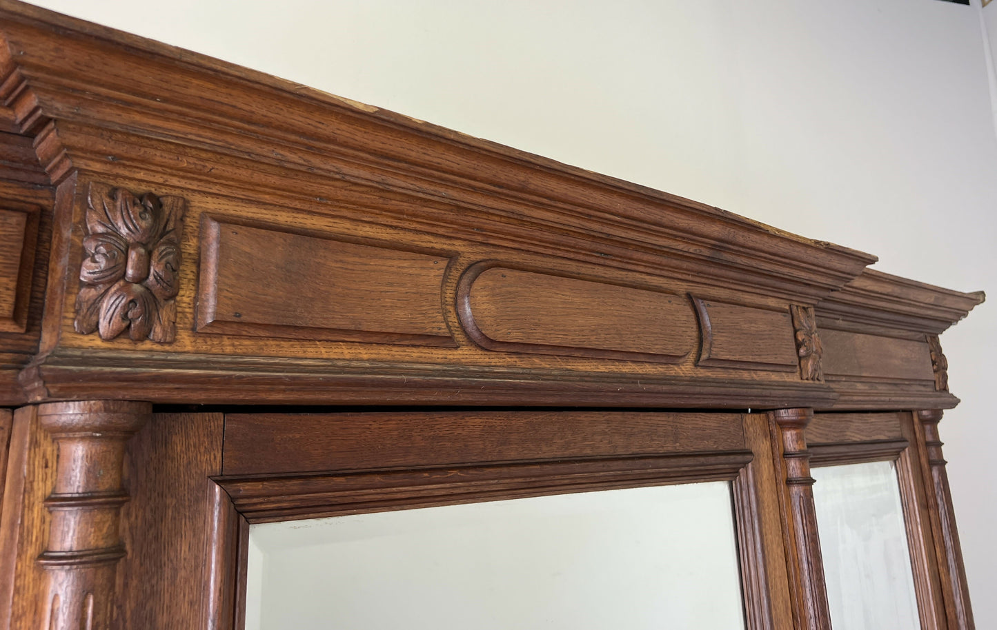 Wardrobe Antique French Style Oak Three Door Carved Mirrored Armoire LOT 6231