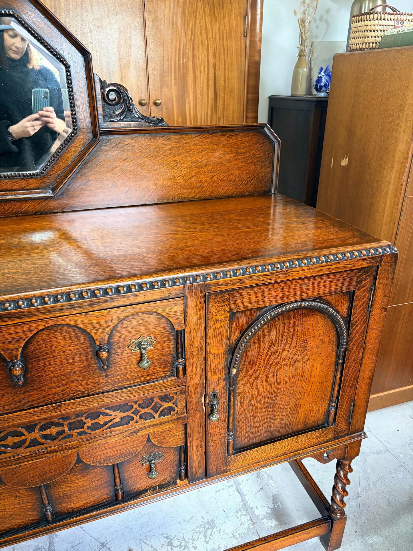 Mid century retro vintage oak sideboard barley twist